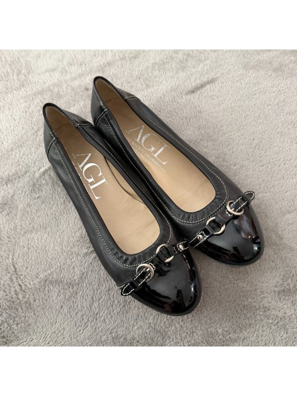 AGL Black Round Toe Leather Ballet Flats Womens size 38.5 US 8.5 Slip On Shoes